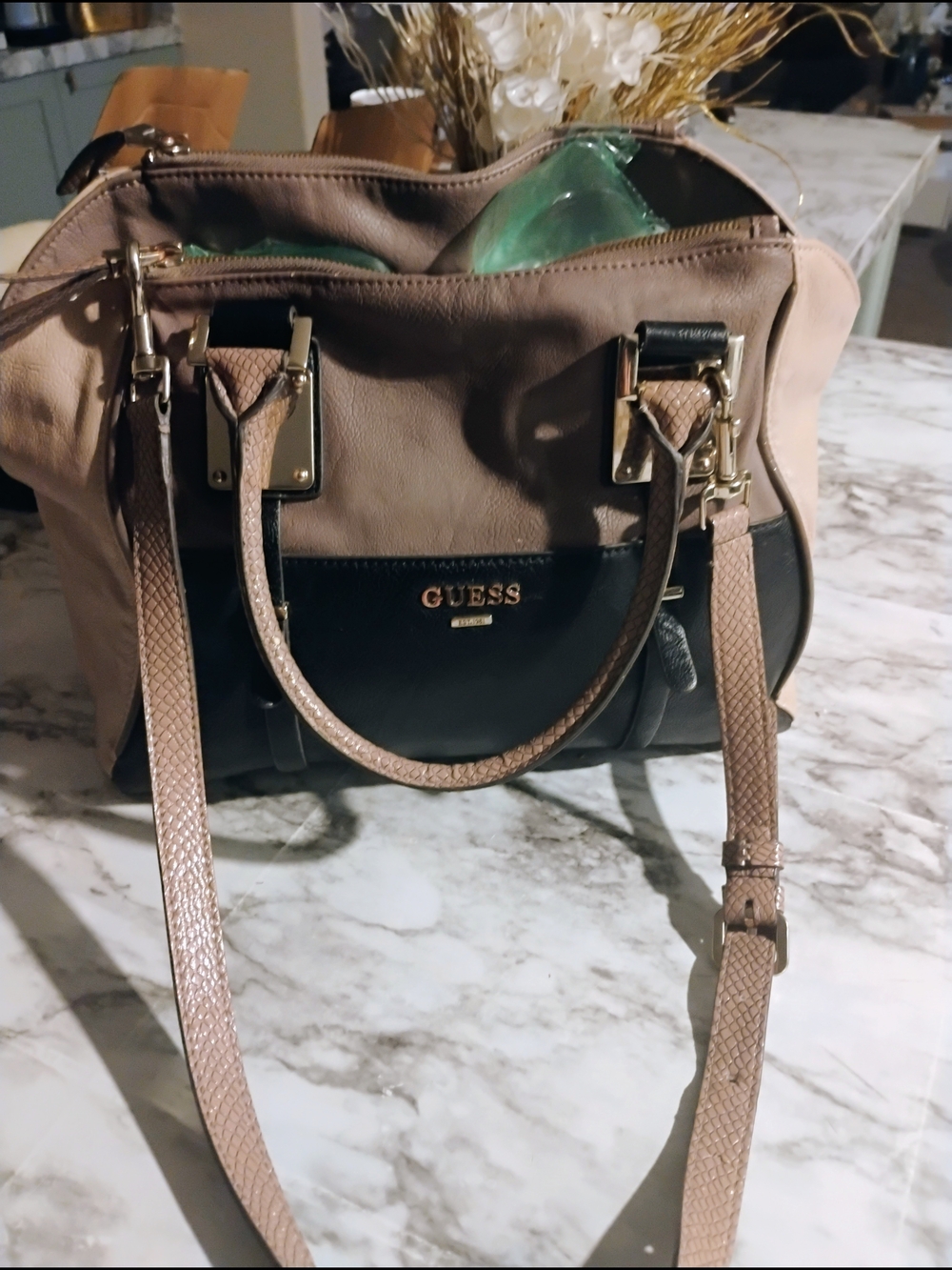 GUESS Vintage Two-Tone Taupe and Black Satchel Handbag